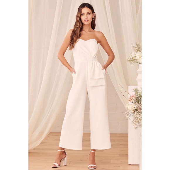 Lulu’s Won a Heart White Strapless Wide Leg Jumpsuit White Medium - Picture 1 of 3